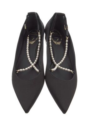 Rene Caovilla Black Pointed Flats with Pearl Cross-Strap